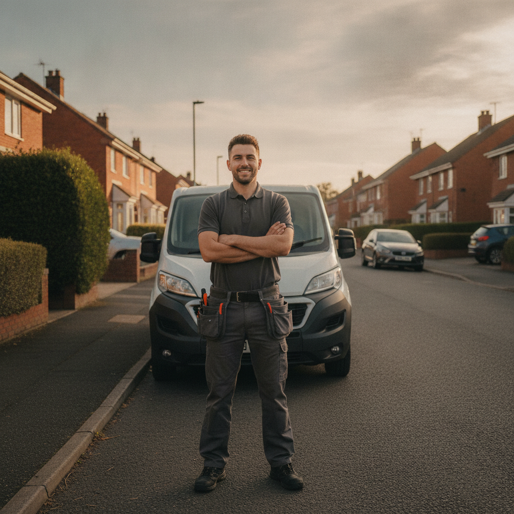 Electrician standing in front of a work van on a residential street