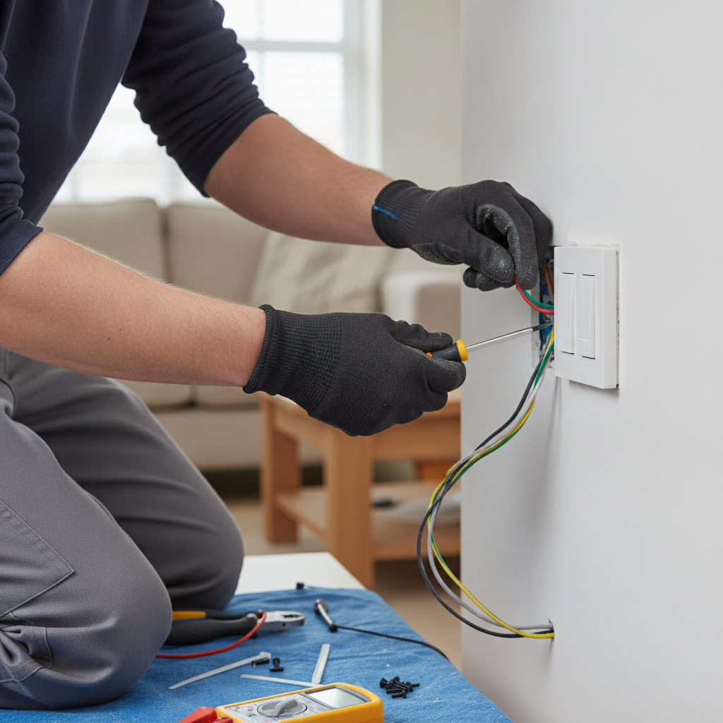 Close-up of an electrician wiring a light switch