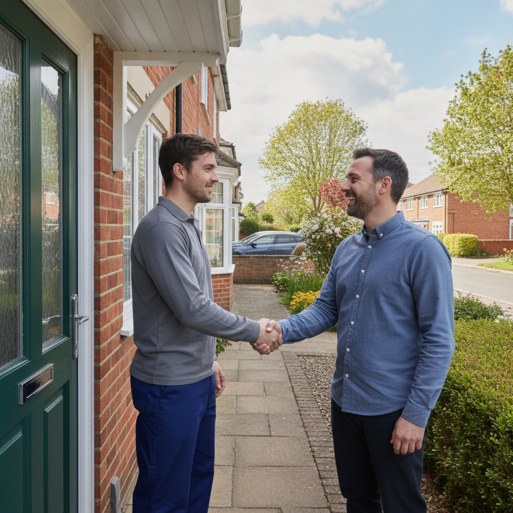 Electrician shaking hands with a satisfied customer at their front door