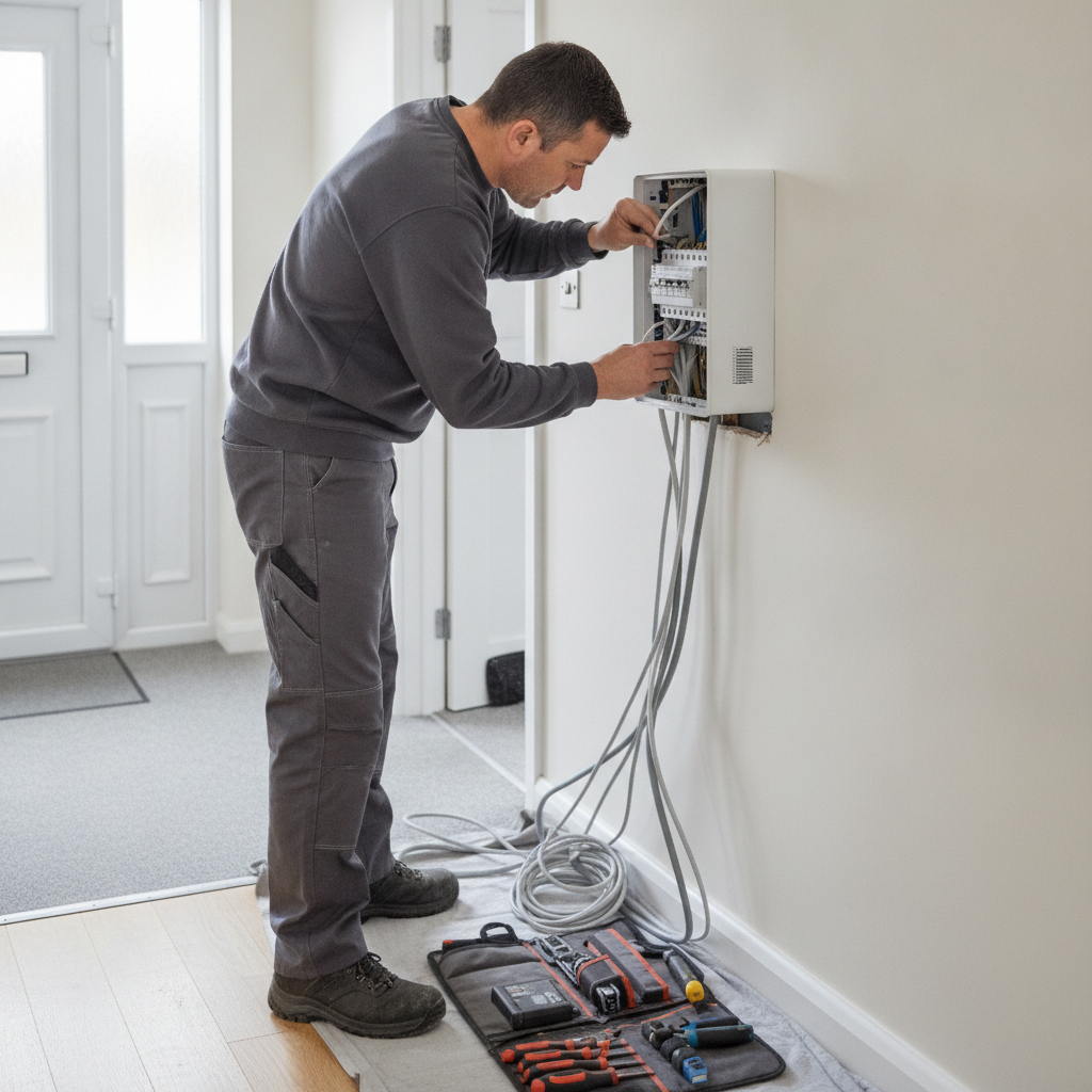 Electrician installing a new consumer unit fuse board in a hallway