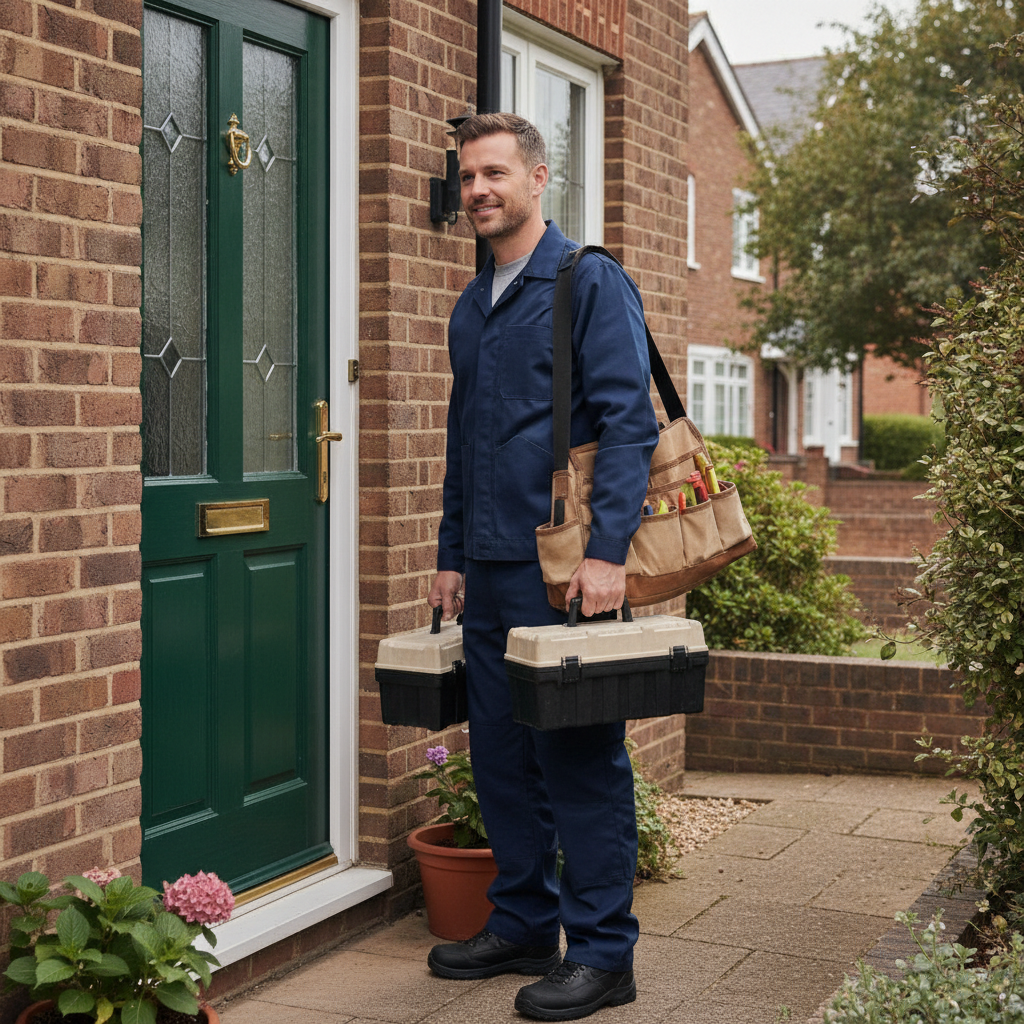 Electrician arriving at a customer's front door with a tool bag