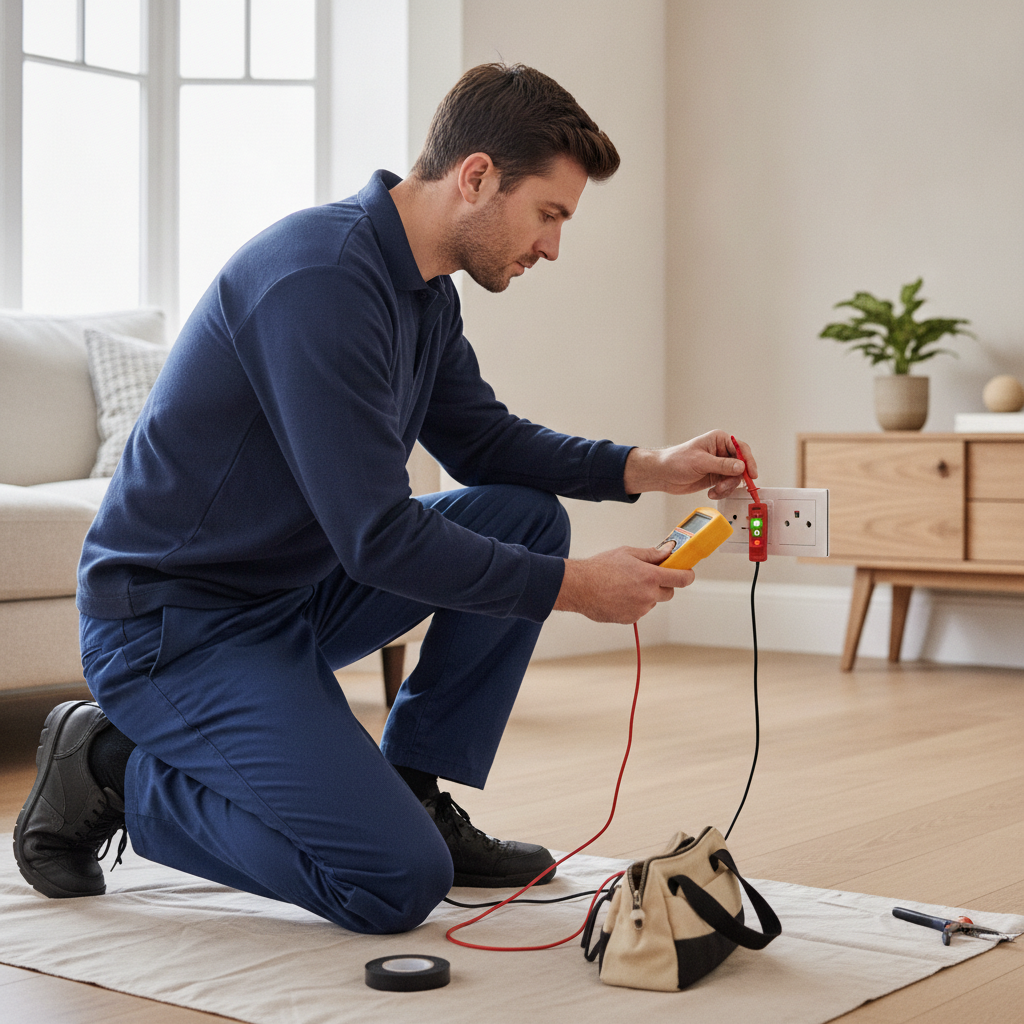 Electrician testing a wall socket during an EICR safety inspection