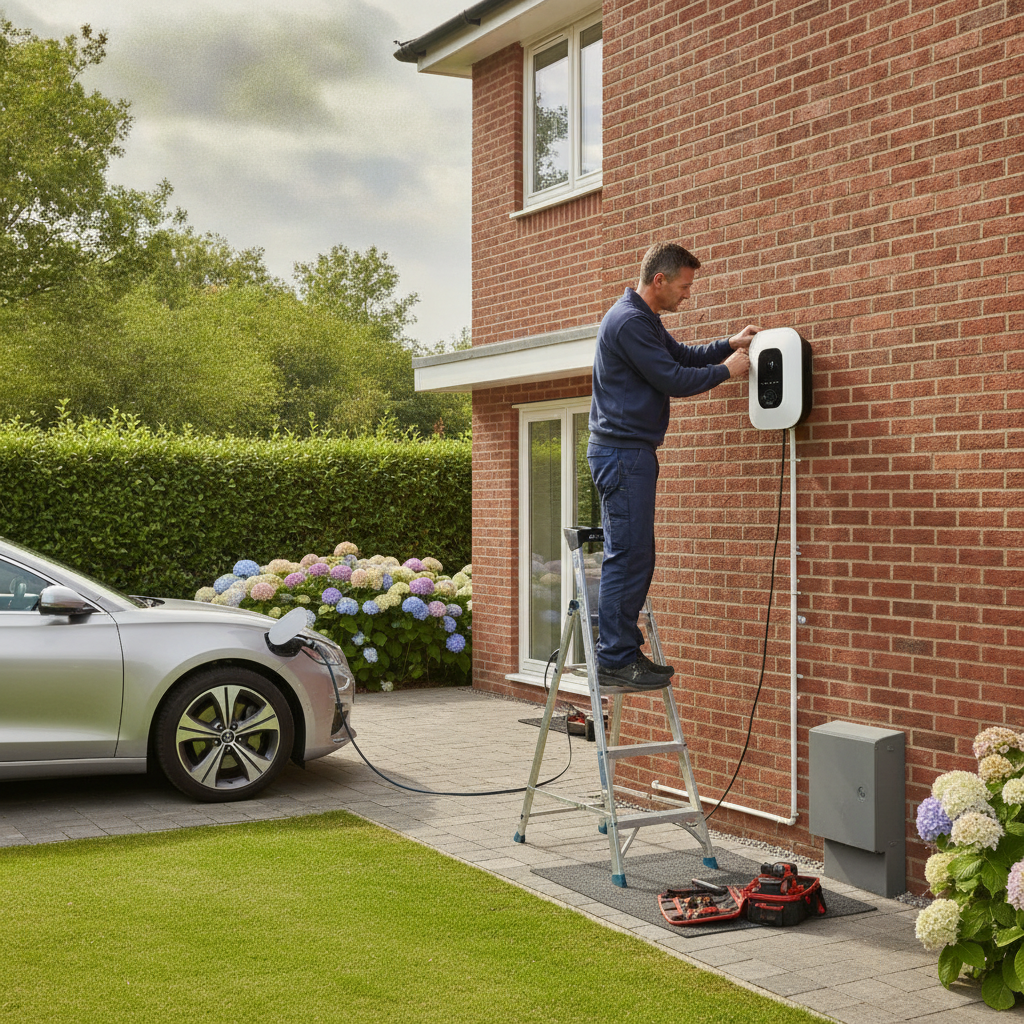 Electrician installing a wall-mounted EV charger next to a driveway