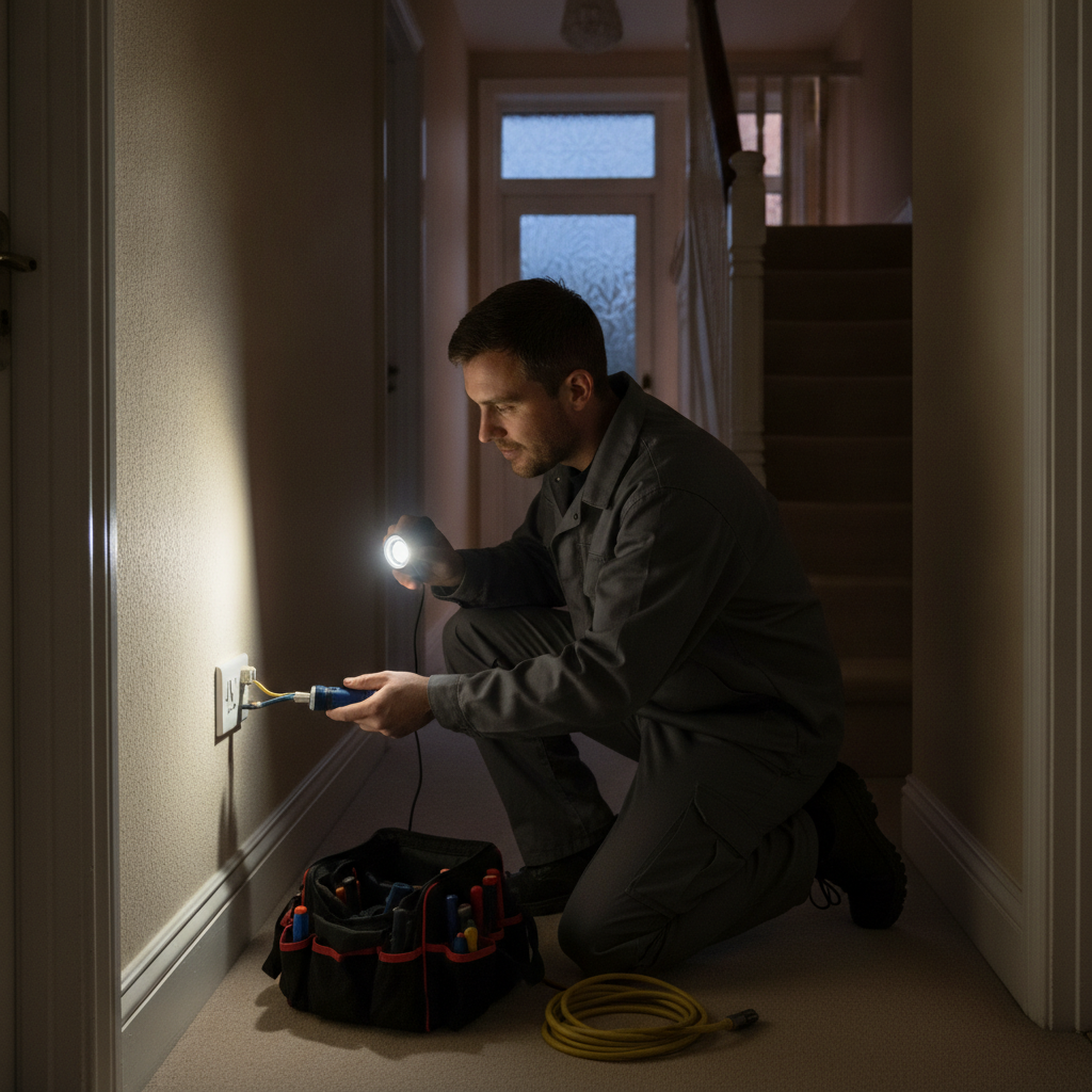 Electrician using a torch to inspect a socket during an emergency callout