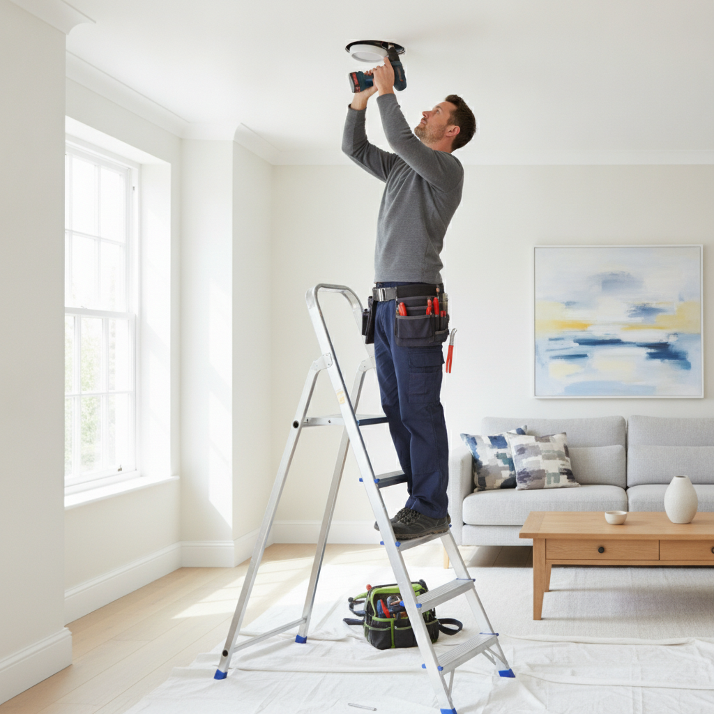 Electrician installing an LED downlight in a home ceiling