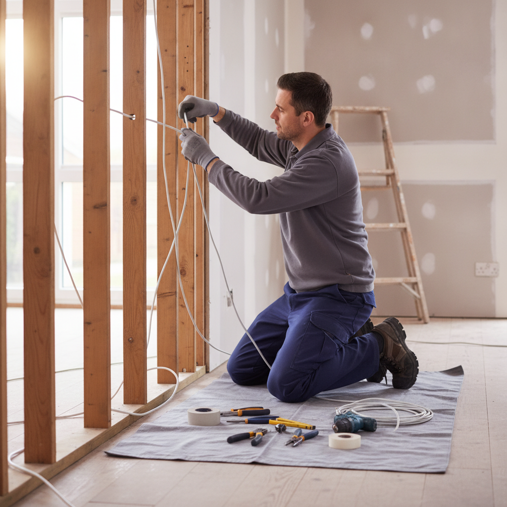 Electrician feeding new cable through a wall during a house rewire