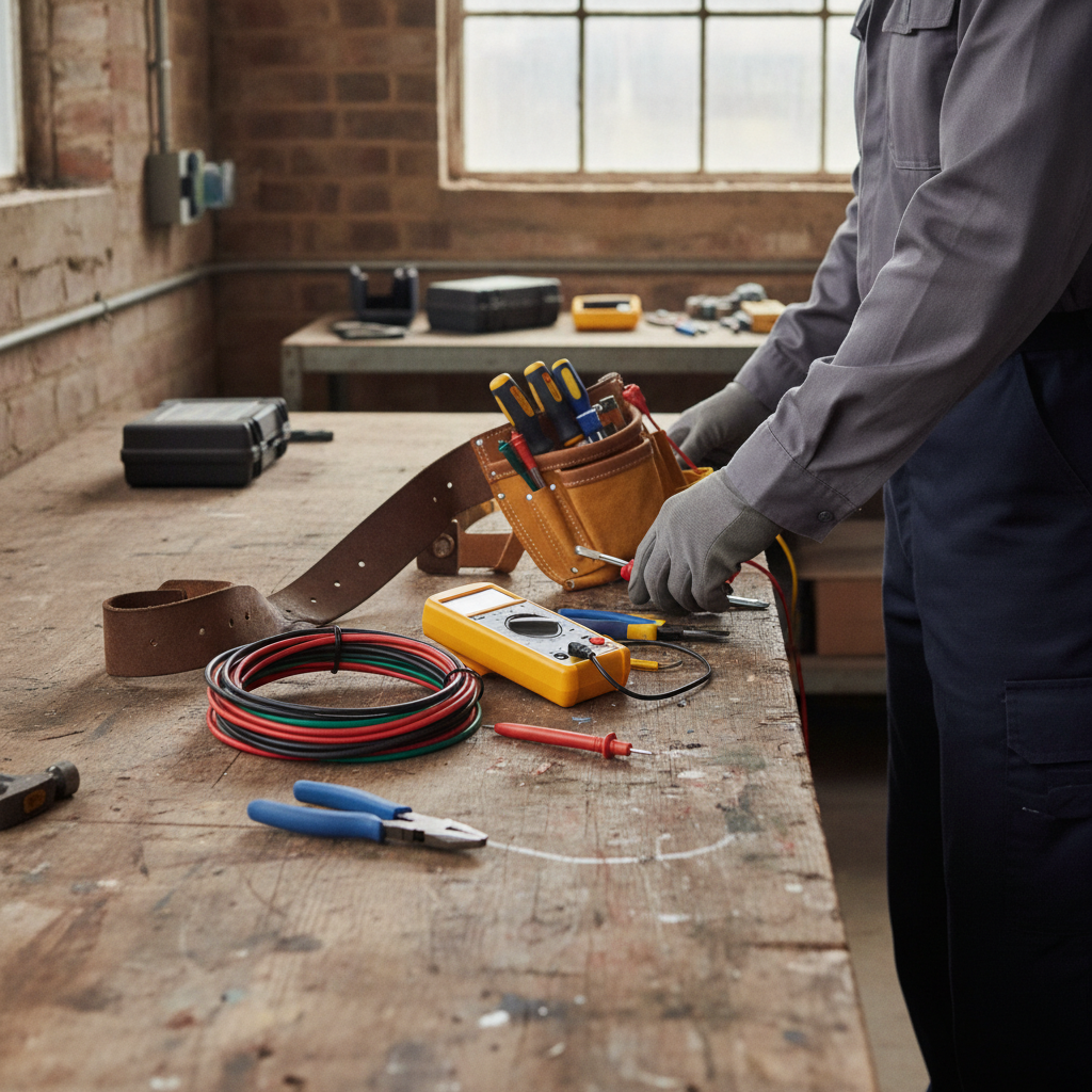 Electrician's tools laid out neatly on a workbench